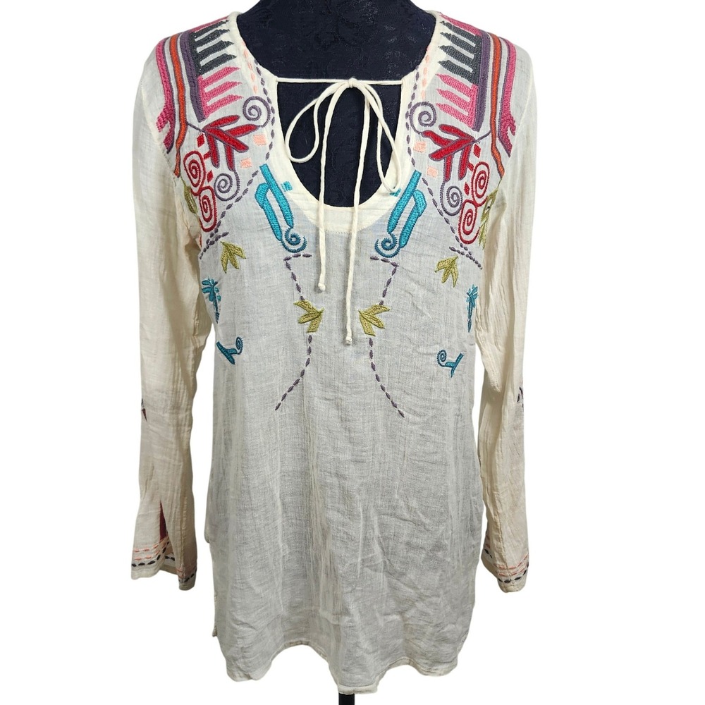 Johnny‎ Was Biya Embroidered Boho Peasant Tunic Top Cream Multicolor Tie Neck S